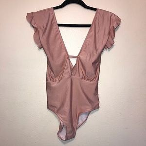 Zaful Never Worn Plunging Neck Ruffle Sleeves One Piece Swimsuit in Pink Large